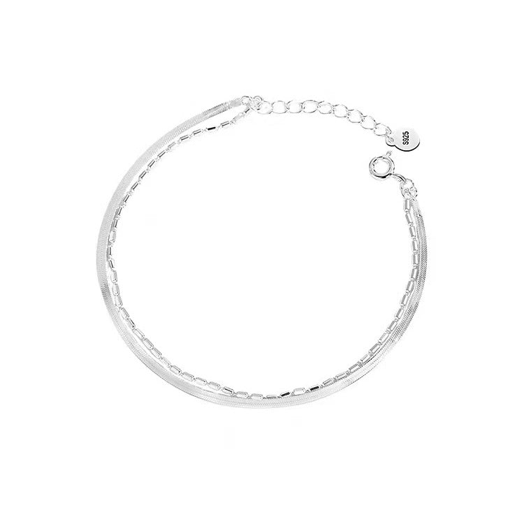 925 Silver-Plated Double-Layer Flat Snake Chain Bracelet for Women