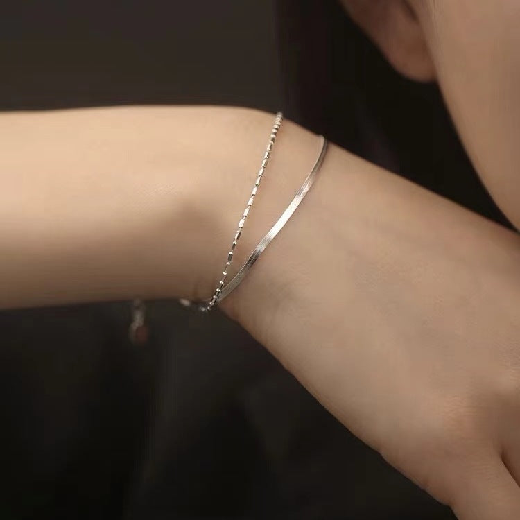 925 Silver-Plated Double-Layer Flat Snake Chain Bracelet for Women