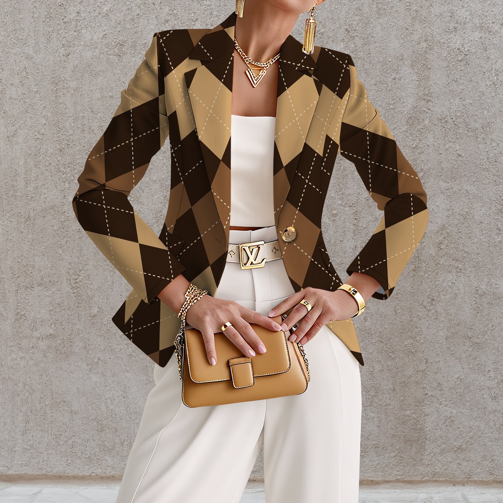 Knitted Blazer With Notched Collar And Chic Print For A Sophisticated Look